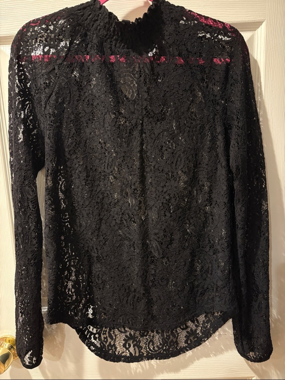 Bar III Black Lace Long Sleeve Blouse with Smocked Neck